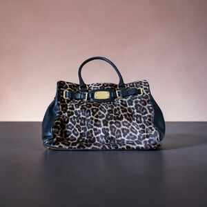 Micheal Kors Leopard Print Structured Tote Bag with Black Leather Trim